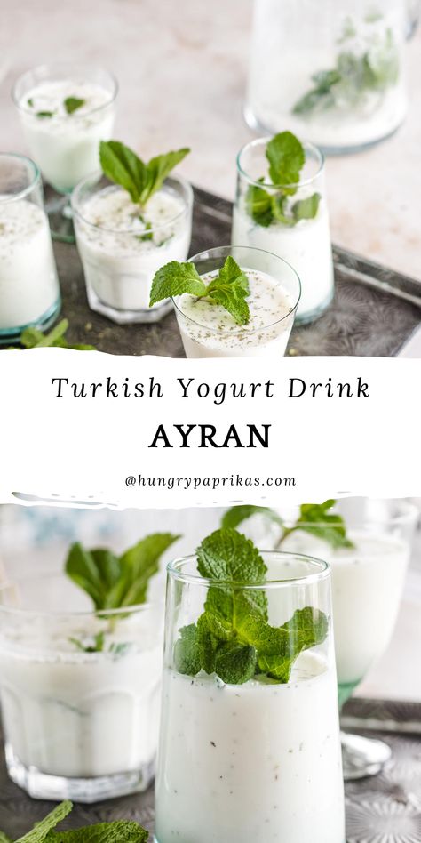 Top photo: glasses with ayran and mint leaves on a tray Bottom photo: glasses with ayran and mint leaves on a tray Ayran Drink Recipe, Yoghurt Drink Recipe, Yogurt Drink Recipe, Hungry Paprikas, Turkish Drinks, Turkish Yogurt, Paprika Recipes, Yogurt Drink, Mint Yogurt