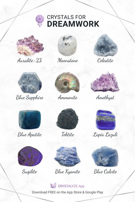 Crystals & Stones to facilitate lucid dreaming and dream recall ✧ Expand your crystal knowledge 📲 𝐃𝐨𝐰𝐧𝐥𝐨𝐚𝐝 𝐨𝐮𝐫 𝐅𝐑𝐄𝐄 𝐂𝐫𝐲𝐬𝐭𝐚𝐥𝐲𝐳𝐞 𝐀𝐩𝐩 on the App Store & Google Play ☽ #Crystals #HealingCrystals Crystal Healing Chart, Lapis Lazuli Blue, Crystal Guide, Become Wealthy, Crystals Healing Properties, Spiritual Crystals, Blue Calcite, Crystal Healing Stones, Lucid Dreaming