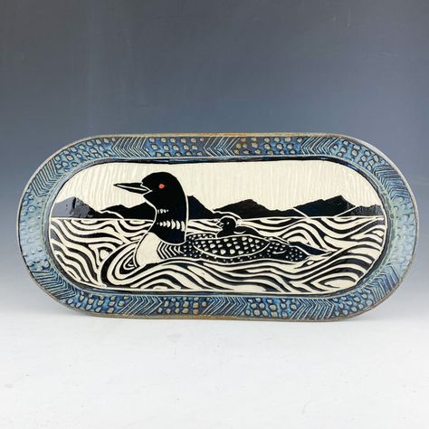 Sgraffito Landscape, Blue Pottery Designs, Ceramic Pieces, Mountain Designs, Blue Pottery, Blue And Brown, Sgraffito, Mountain Lake, Pottery Designs