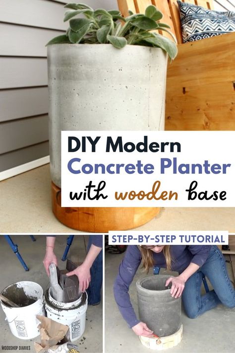 Concrete planters are expensive to buy, so why not make your own DIY concrete outdoor planter? Step-by-step tutorial and video will walk you through the process to make your own large outdoor modern concrete planter with a wooden base. Perfect for your patio, porch, or deck. Diy Cement Planters, Diy Curb Appeal, Diy Concrete Planters, Concrete Diy Projects, Concrete Planter, Cement Planters, Diy Concrete, Concrete Pots, Outdoor Planter