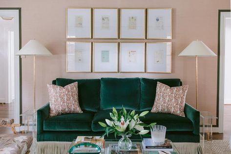 Emerald Green Velvet Sofa on Pink Wall - Contemporary - Living Room Green Furniture Living Room, Emerald Green Living Room, Emerald Green Sofa, Green Couch Living Room, Velvet Sofa Living Room, Green Sofa Living Room, Velvet Sofas, Bullion Fringe, Blue And White Pillows