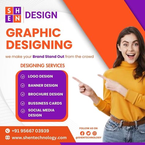 🎨 "GRAPHIC DESIGNING, we make your Brand Stand Out from the crowd" 🎨 Looking to elevate your brand's visual identity? Look no further! Shen Technology offers top-notch graphic design services that will make your brand shine brighter than ever before. From captivating logos to eye-catching banners, brochures, business cards, and social media designs, we've got you covered! 💼 Our DESIGNING SERVICES Include: ✅ LOGO DESIGN ✅ BANNER DESIGN ✅ BROCHURE DESIGN ✅ BUSINESS CARDS ✅ SOCIAL MEDIA DESIGN B Services Poster, Design Business Cards, Social Media Management Services, Social Media Designs, H Design, Design Brochure, Sms Marketing, Service Logo, Graphic Designing