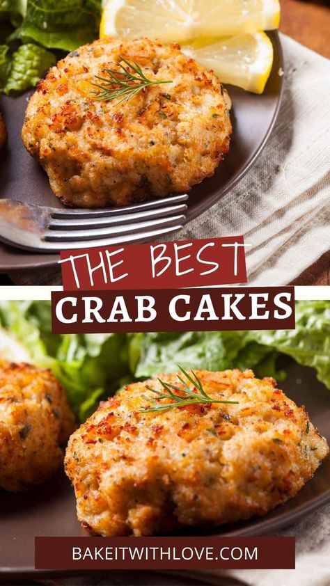 Crab cakes are a quick and simple seafood appetizer or main dish that will impress and delight the whole family any night of the week! Crushed Ritz crackers, lemon juice, crab meat, seasonings, and mayonnaise are mixed together to form the cake patties. Making my homemade crab cakes is incredibly straightforward and delicious! BakeItWithLove.com #bakeitwithlove #crabcake #seafood #appetizer #fish Crab Cakes With Ritz Crackers, Fried Crab Cakes, Baked Crab Cakes, Homemade Crab Cakes, Crab Cake Recipes, Creamy Shrimp Pasta, Crab Cake Recipe, Peanut Butter No Bake, Crab Cake