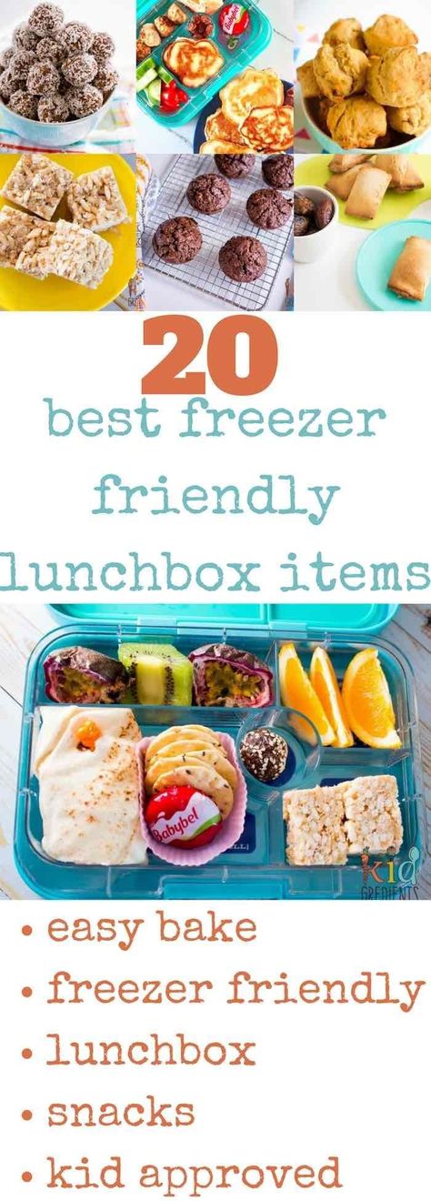 20 of the best freezer friendly lunchbox items! All in one place, no need to search.  Don't go back to school without these easy recipes in your freezer.  Make lunches quicker and easier with these kid approved freezer friendly recipes! via @kidgredients Freezer Lunches, Lunchbox Kids, Healthy School Lunches, Lunch Box Snacks, Go Back To School, Making Lunch, School Food, Lunch Box Recipes, Freezer Friendly