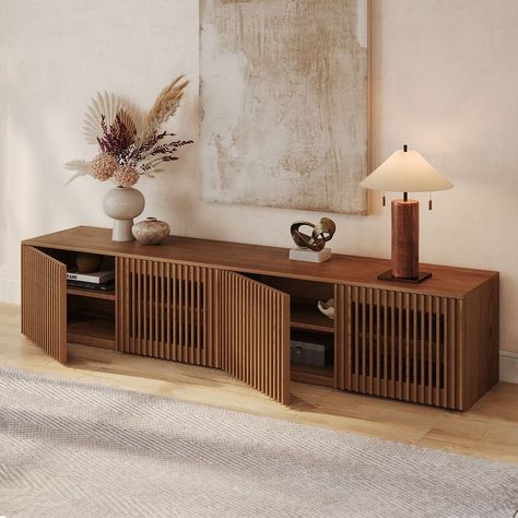 Slatted Tv Stand, Diy Fluted Tv Stand, Living Room Tv Set Up, Slatted Furniture, Tv Table Ideas, Low Media Unit, Fluted Tv Stand, Walnut Tv Cabinet, Oak Wood Texture