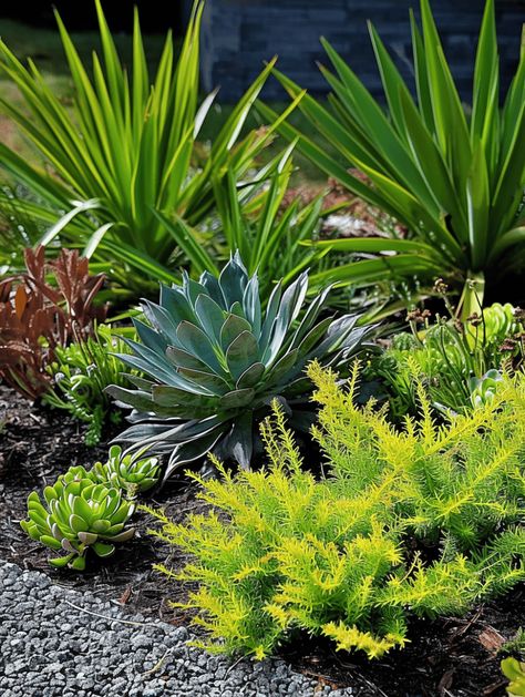 Cactus Landscaping: A Diverse Succulent Bed with Yucca Leaves and Agave Landscaping With Agave Plants, Agave Garden Design, Landscaping With Cactus, Agave Plant Landscaping, Succulent Bed, Cactus Landscaping, Agave Garden, Garden Animal Statues, Xeriscape Landscaping