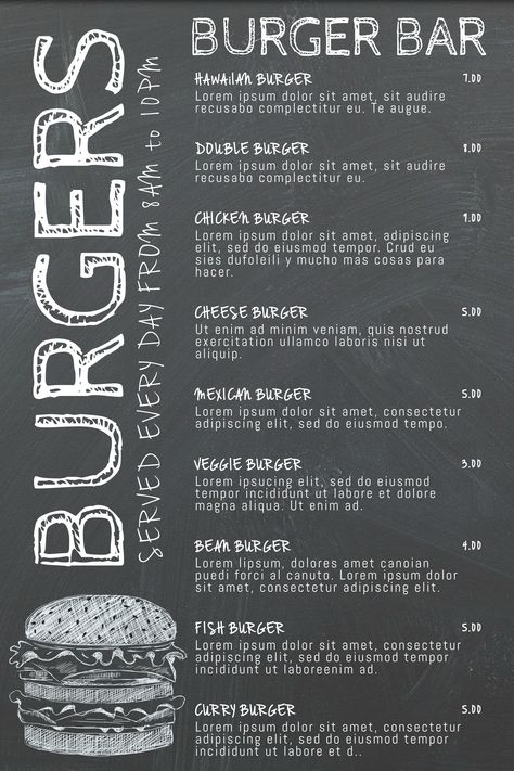 burger bar menu Mexican Burger, Menu Board Design, Hamburger Menu, Bar Menu Template, Small Restaurant Design, Cafe Menu Design, Printable Menu Template, Grilling Menu, Burger Menu