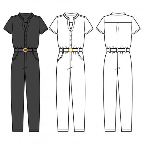 Jumpsuit Flat Drawing, Jumpsuit Flat Sketch, Jumpsuit Technical Drawing, Jumpsuit Sketch, Jumpsuit Drawing, Silhouette Clothes, Pilot Fashion, Flat Sketch Template, Technical Flats