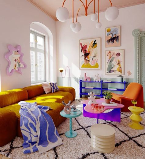 Funky Interior Design, Mustard Sofa, Quirky Apartment, Minimalist Living Room Apartment, Fun Living Room, Colorful Living Room, Colorful Apartment, Small Couch, Retro Living Rooms