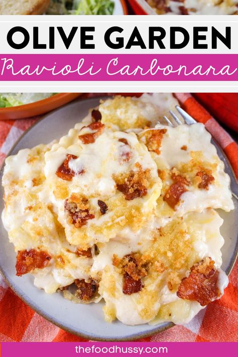 Copycat Olive Garden Ravioli Carbonara, Ravioli Carbonara Olive Garden, Olive Garden Ravioli Recipe, Recipes With Ravioli, Cheese Ravioli Recipes, Olive Garden Carbonara Recipe, Ravioli Recipe Sauce, Cheese Ravioli Dinner Ideas, Olive Garden Ravioli Carbonara