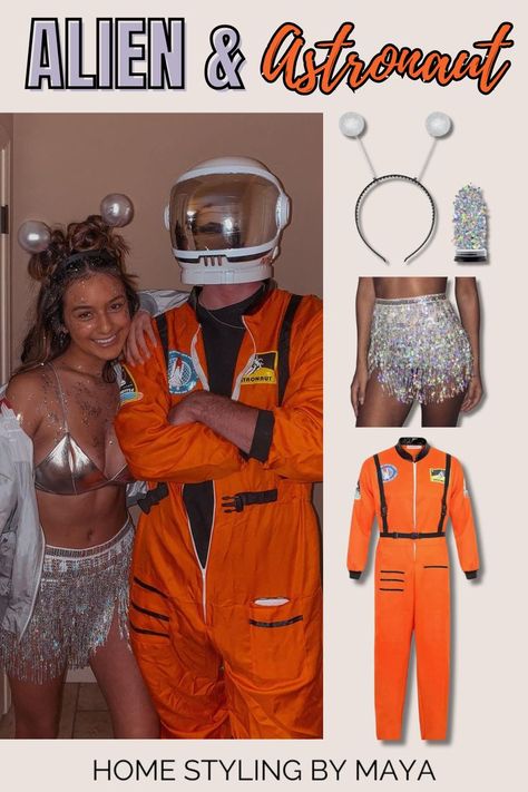 couples Halloween costumes, alien and astronaut costumes, aliens halloween costumes Astronaut Couple Costume, Astronaut And Alien Costume Couples, Alien And Astronaut Costume, Astronaut And Alien, Astronaut Halloween Costume, Astronaut Halloween, Rave Halloween Costumes, Alien Astronaut, Easy Couple Halloween Costumes