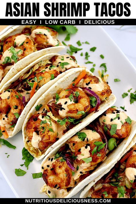 Shrimp Tacos With Asian Slaw, Thai Shrimp Tacos, Korean Shrimp Tacos, Shrimp Asian Recipe, Asian Shrimp Tacos, Keto Shrimp Tacos, Asian Shrimp Recipes, Cajun Shrimp Tacos, Lowcarb Meals