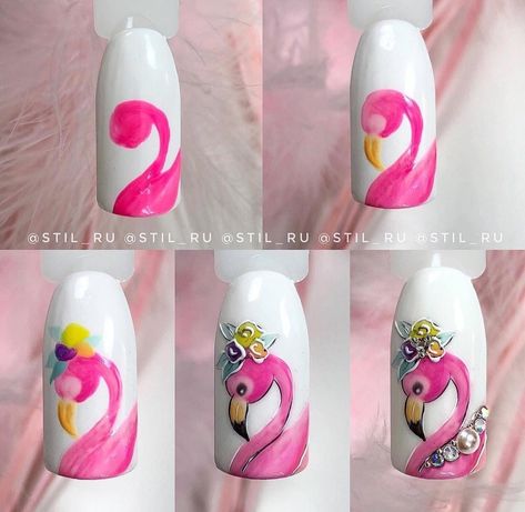 Animal Nail Designs, Disney Acrylic Nails, Flamingo Nails, Quick Nail Art, Unghie Nail Art, Animal Nail Art, Flamingo Painting, Rose Nail Art, Valentine Nail Art