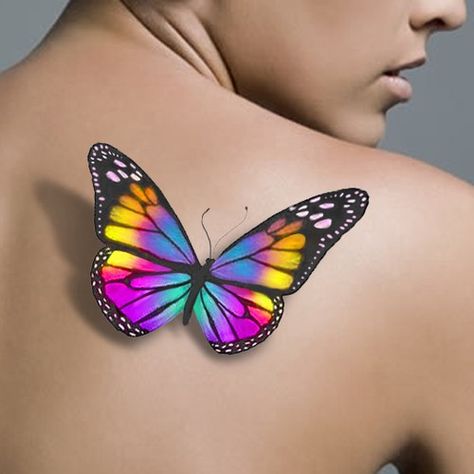 3 D Tattoos For Women, Rainbow Butterfly Tattoo, Butterfly Ankle Tattoos, Realistic Butterfly Tattoo, Tatoo 3d, Colorful Butterfly Tattoo, 3d Butterfly Tattoo, Unique Butterfly Tattoos, Butterfly Hand Tattoo