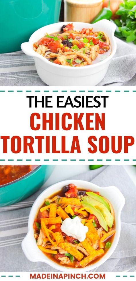 This Chicken Tortilla Soup recipe is easy, delicious comfort food made in one pot! Garnish this delicious soup with all your favorite toppings for the perfect Tex-Mex-inspired meal! Best Chicken Tortilla Soup Recipe, The Best Chicken Tortilla Soup, Gf Soup, Easy Tortilla Soup Recipe, Easy Chicken Tortilla Soup Recipe, Easy Chicken Tortilla Soup, Best Chicken Tortilla Soup, Chicken Tortilla Soup Recipe, Chicken Tortilla Soup Easy