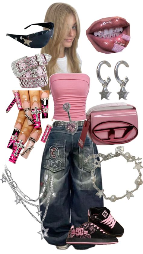 Pink Rockstar Outfit, Pink Rockstar Aesthetic, Pink Black And White Outfit, Pastel Alternative Fashion, Pink Grunge Aesthetic Outfits, Pink Goth Outfits, Pink Punk Aesthetic, Girly Grunge Outfits, Alternative Fits