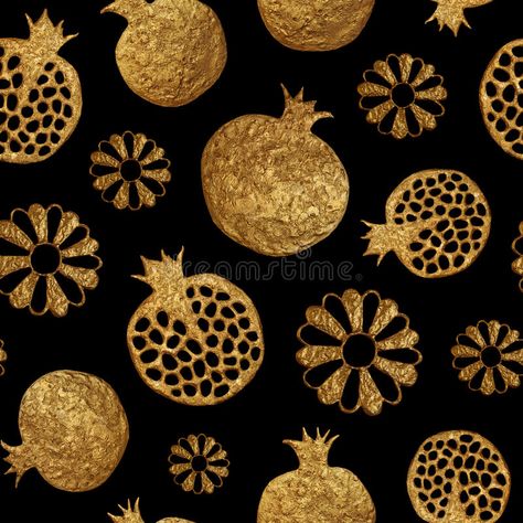 Gold abstract pomegranate and flowers pattern. Hand painted seamless background. Gold abstract pomegranate and flowers seamless pattern. Hand painting shiny royalty free stock photos Pomegranate And Flowers, Abstract Pomegranate, Flower Quotes Love, Flower Quotes Inspirational, Cushion Ideas, Pomegranate Art, Background Summer, Painting Background, Calendar Christmas