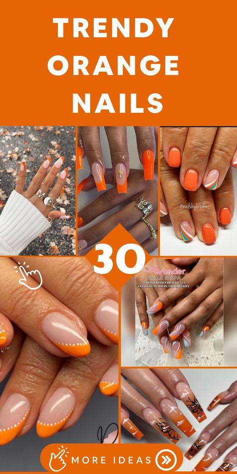 Indulge in the vibrant energy of the sun with stylish orange nail designs that will electrify your look! Our skilled manicurists specialize in crafting stunning nail art showcasing a spectrum of orange hues, from zesty citrus tones to rich pumpkin shades. Whether you seek a chic and polished orange manicure or wish to explore modern nail trends like abstract motifs or negative space art, we guarantee nails that radiate confidence and sophistication. Subtle Orange Nails, Orange White Nails, Trendy Orange Nails, Orange Manicure, Orange Nail Design, Red Orange Nails, Orange Ombre Nails, Orange Nail Art, Short Coffin Nails Designs