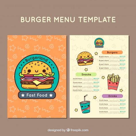 Kids Menu Ideas, Food Characters, Fast Food Drinks, Menu Card Design, Burger Menu, Menu Layout, Fast Food Menu, Desain Editorial, Menu Boards