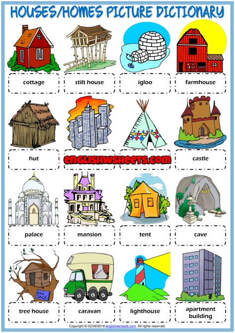 A picture dictionary and classroom poster ESL printable worksheet for kids to study and learn types of houses, homes vocabulary. Look at the pictures and study the words. Useful for teaching and learning types of houses, homes vocabulary. Types Of Homes Preschool, Different Types Of Homes Preschool, Different Houses Preschool, Types Of Houses For Kids Project, Places In A House Worksheet, House Vocabulary English, Different Types Of Houses Kids Project, Parts Of The House Worksheet, Types Of Houses Worksheet