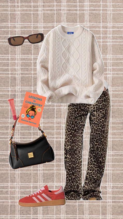 Baggy leopard pants red adidas samba chunky fisherman cable knit sweater black leather purse tortoise shell sunglasses booktok book ole henriksen lip Fisherman Sweater Outfit, Leopard Print Sambas Outfit, Cheetah Print Sambas, Adidas Samba Cheetah, Leopard Sweater Outfit, Chunky Knit Sweater Outfit, Cable Knit Sweater Outfit, Oversized Casual Leopard Print Sweater, Samba Adidas Outfit