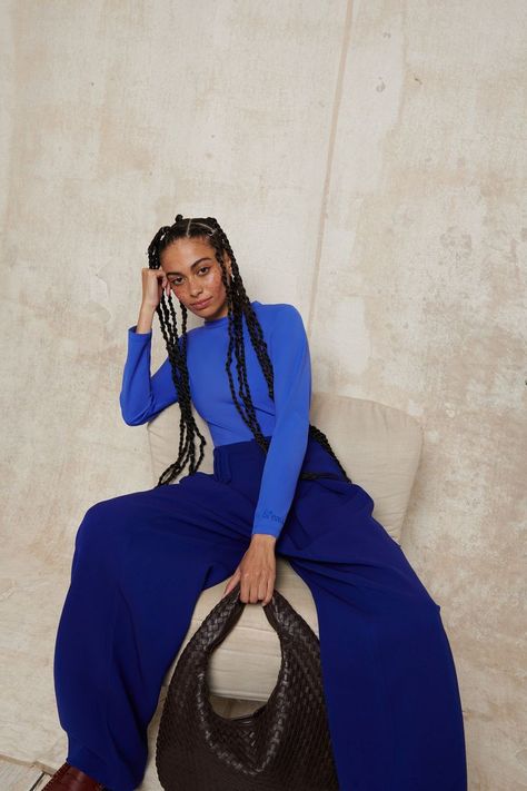 #womanoutfit #womenstreetstyle #womenfashion #streetwear #streetwearoutfit #urbanwear #womendress #womenstreetwear #streetwear #aesthetic #aestheticstyle #streetstyle Ocean Waste, Blue Bodysuit, Monochrome Outfit, Office Outfit, Silk Trousers, Blue Outfit, Outfit Idea, Blue Fabric, Street Style Women