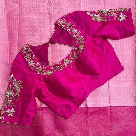 Dm@9640490158 Designer maggam work blouse Fabric: Halfpattu/Rawsilk Dispatch: 3days Price : 2300unstiched . 2850stitched Colours and sizes can be customised accordingly Zardosi Blouse, Embroidery Blouse Saree, Zardosi Work Blouse, Hand Embroidery Blouse, Pink Saree Blouse, Ready Made Blouse, Pink Blouse Designs, Maggam Blouse, Hand Embroidered Blouse