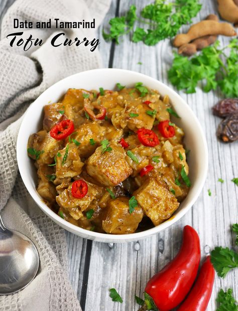 Vegetarian Date Tamarind Tofu Curry Tamarind Recipes Vegan, Tamarind Recipes, Tofu Curry, Tamarind Sauce, Curry Recipe, Vegan Foods, Curry Recipes, Sweet And Spicy, Main Meals