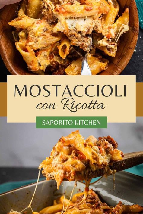 This easy baked mostaccioli con ricotta recipe is one of the best pastas for Sunday dinner or the weeknight. This cheesy layered pasta is made with Italian sausage, red sauce and three different kinds of cheese! Recipes For Sunday Dinner, Mostaccioli Recipe, Baked Mostaccioli, Layered Pasta, Ricotta Recipe, Pesto Bread, Grilled Chicken Strips, Amazing Food Platters, Ricotta Recipes