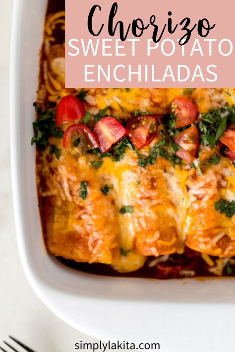 Chorizo Enchiladas, Chorizo And Sweet Potato, Chorizo Sweet Potato, Chorizo Recipes Dinner, Sweet Potato Enchiladas, Potato Enchiladas, Spanish Foods, Veggie Tacos, Vegetarian Enchiladas