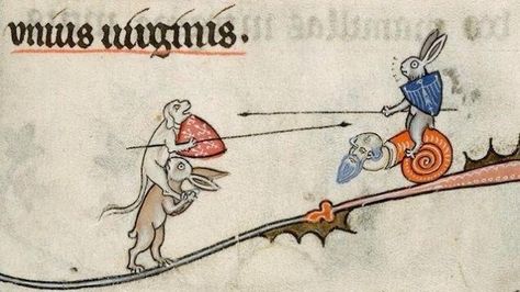 20 bucks say the rabbit riding the snail man's got this. Killer Bunny, Medieval Drawings, Medieval Artwork, Illustrated Manuscript, Medieval Paintings, Book Of Hours, Medieval Manuscript, Medieval Times, British Library