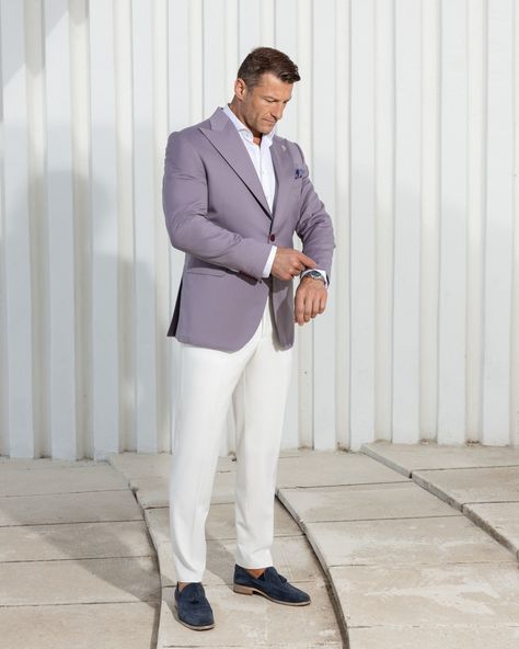 Step into sophistication with our latest creation! This refined lavender blazer paired with crisp white trousers is the epitome of modern elegance. Perfect for making a statement, whether at a business meeting or a casual outing. Lavender Blazer, White Trousers, Sport Coats, Business Meeting, Modern Elegance, Sport Coat, A Business, Lavender, Trousers