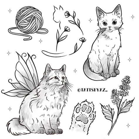 British Shorthair Cat Tattoo, Cat Tattoo Flash Sheet, Siberian Cat Tattoo, Tabby Cat Tattoo, Kitten Tattoo, Flash Tats, Tattoo 2024, Flash Designs, Food Tattoos