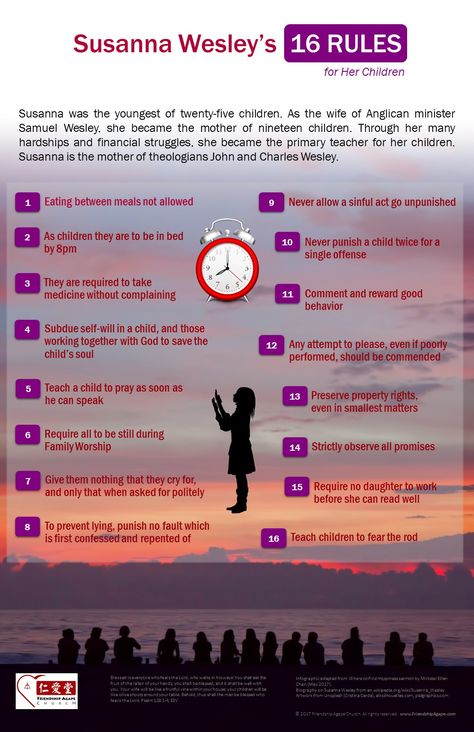 Susanna Wesley's 16 RULES for Her Children  Susanna was the youngest of twenty-five children. As the wife of Anglican minister Samuel Wesley, she became the mother of nineteen children. Through her many hardships and financial struggles, she became the primary teacher for her children. Susanna is the mother of theologians John and Charles Wesley. Hosanna Ministries John Wesley, Do All The Good You Can John Wesley, Surya Son Of Krishnan Movie, Christian Family Rules, Charles Stanley Sermons, Train Up A Child, Primary Teachers, Teaching Materials, Christian Faith