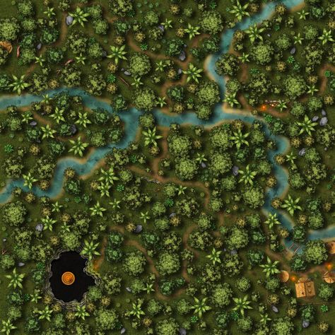 Top-view jungle based map for tabletop games such as D&D. There is an alter, or tower located in the bottom-left corner surrounded by a deep pit. Enjoy! Dnd Jungle, Jungle Map, Fantasy Maps, Dnd Maps, World Maps, Dungeon Maps, D D Maps, Fantasy Map, Free Sign