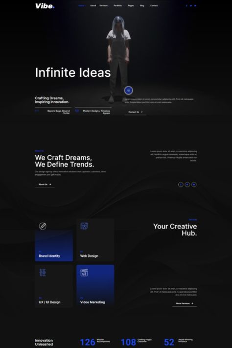 Vibe – Dark style and modern Elementor Template Kit created especially for Digital Agency, Creative Agency, Online Portfolio, Designer and Freelancer website for companies or individuals. Vibe has a beautiful and unique design with a 100% responsive layout, retina-ready, and very easy to customize because using Elementor Edgy Website Design, Portfolio Website Design Inspiration, Creative Website Design Inspiration, Agency Web Design, Web Design Ux Ui, Ui Website, Website Design Inspiration Layout, Agency Portfolio, Agency Website Design