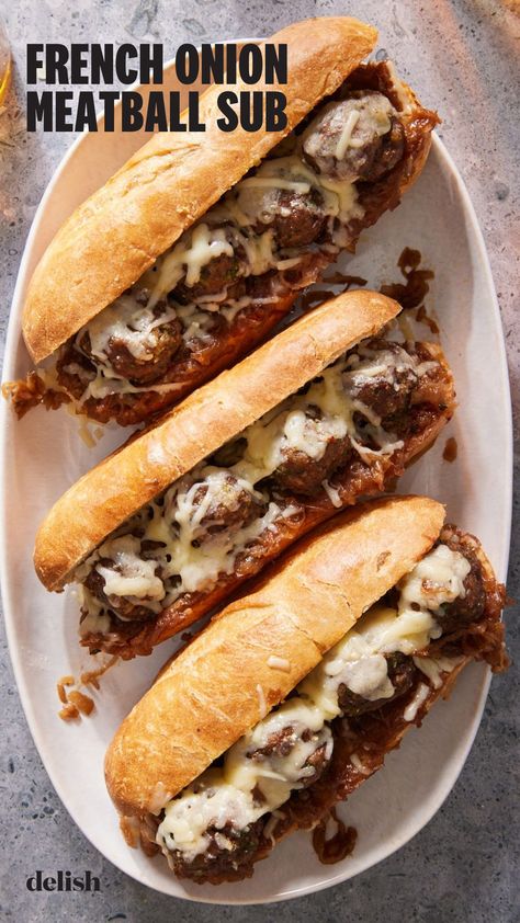 This isn’t your traditional saucy meatball sub, but instead has jammy caramelized onions and lots of Gruyère cheese just like our favorite French onion soup. Entree Food, Caramelized Onion Sandwich, Lunch Sandwich Recipes, Meatball Sub Recipe, Winter Dinners, Cheese Stuffed Meatballs, Meatball Sub, Dinner Sandwiches, Light Meals