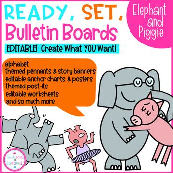 Elephant Piggie Bulletin Board, Mo Willems Bulletin Board Ideas, Piggie And Gerald Bulletin Board, Elephant And Piggie Classroom Decor, Pigeon Bulletin Board Ideas, Mo Willems Classroom Theme, Elephant And Piggie Bulletin Board, Mo Willems Classroom Decor, Elephant Classroom Decor