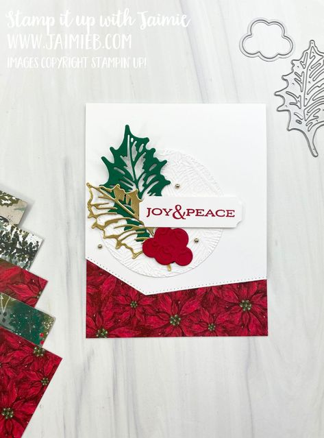 Stampin Up Leaves Of Holly, Stampin Up Leaves, Basic Borders Dies, Leaves Of Holly, Folded Christmas Cards, Traditional Christmas Cards, Poinsettia Cards, Christmas Leaves, Stamped Christmas Cards