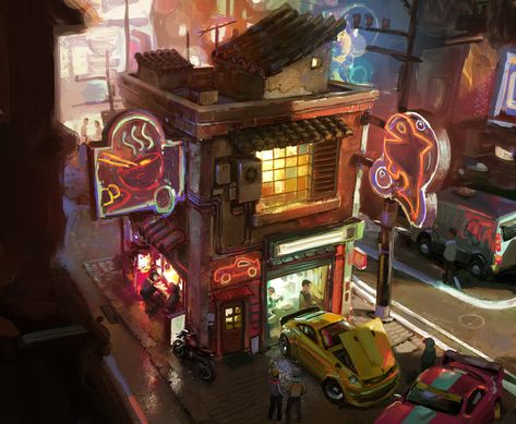 Shop, John Wallin Liberto on ArtStation at https://www.artstation.com/artwork/OyEP1v #artwork John Wallin Liberto, Cyberpunk House, Cyberpunk Building, Hut House, Oculus Vr, Shop Facade, Props Art, Cyberpunk Aesthetic, Cyberpunk City