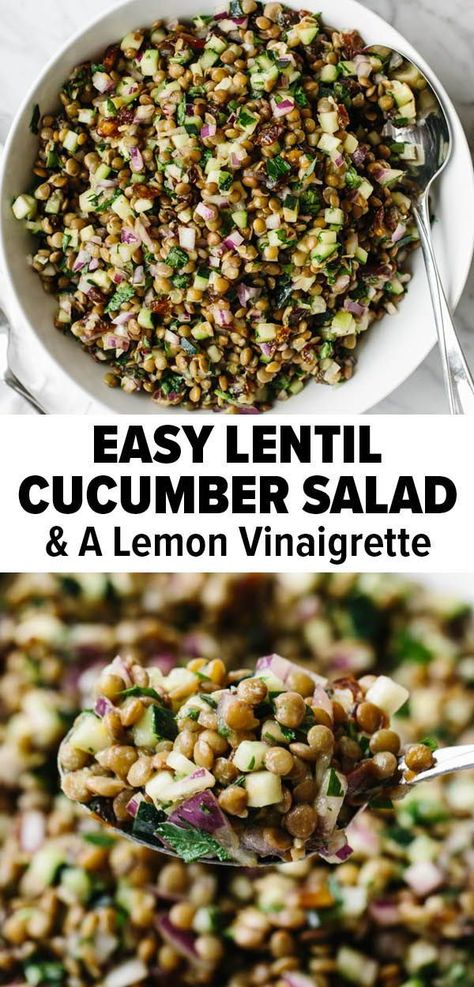 Salad With Cucumber, Lentil Salad Recipes, Easy Vegan Lunch, Vegan Lunches, Lemon Vinaigrette, Lentil Salad, Lentil Recipes, Vegan Salad, Vegan Lunch