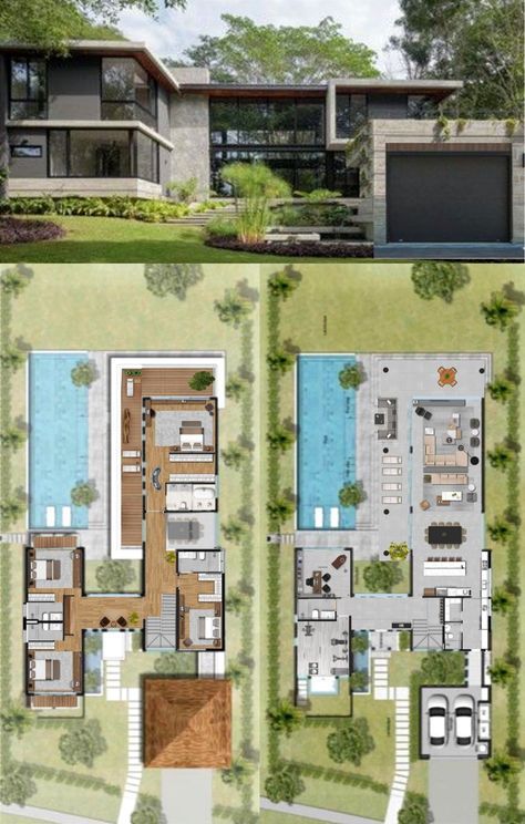 One Floor House Design Modern With Pool, Modern Farm Layout, 400 M2 House Plan, Tropical Modernism House, Morden House Design Exterior, Modern Courtyard House Design, L House Plans 2 Floor, Contemporary House Layout, Modern Mansion Plans