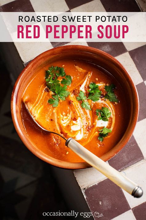 Sweet Potato and Red Pepper Soup | occasionallyeggs.com Red Pepper And Sweet Potato Soup, Red Pepper Sweet Potato Soup, Sweet Potato Red Pepper Soup, Bell Pepper Soup, Red Pepper Recipes, Spinach Tortellini Soup, Roasted Red Pepper Soup, Eggs Recipes, Red Pepper Soup