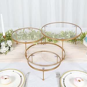 TABLECLOTHSFACTORY 23" 3-Tier Gold Metal Cupcake Stand with Clear Round Acrylic Plates, Dessert Cake Display Holder Metal Cupcake Stand, Round Table Sizes, 2 Tier Cake Stand, Tiered Cake Stands, Dessert Holder, Dessert Display Stand, Metal Cake Stand, Gold Dessert, 3 Tier Cake Stand