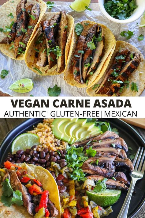 This authentic vegan carne asada tacos recipe is a delicious, easy dinner that comes together in less than 30 minutes. Vegans and meat-eaters alike will love this easy vegan dinner idea! Learn how to make this easy mushroom vegan carne asada meal at home. | How to make vegan carne asada tacos mushroom | How to cook carne asada | plant based tacos meat recipe | vegan mushroom tacos portobello dish | #vegan #plantbased #tacos #veganrecipe #mexican #meatlessmonday Vegan Carne Asada, Plant Based Tacos, Cheap Vegan Meal Plan, Carne Asada Recipe, Mushroom Vegan, Portobello Mushroom Recipes, Healthy Vegan Dinner Recipes, Mushroom Tacos, Healthy Mexican Recipes