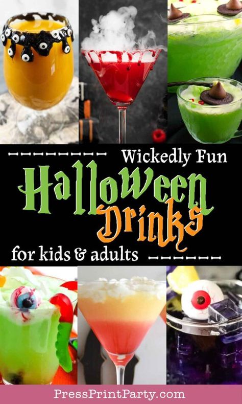 33 Wickedly Fun Recipes for Halloween Drinks for Kids & Adults. I have separated this list of Halloween drink recipes between non-alcoholic drinks for kids and alcoholic drinks for adults. From green witche's brews, candy corn drinks, poison apple cocktail, zombie punch, harry Potter drinks, to alien brains, you'll sure to find one you'll love to serve at your next Halloween party. - Press Print Party! Halloween Drinks For Kids, Fun Halloween Drinks, Drinks For Kids, Halloween Party Drinks, Postres Halloween, Halloween Drinks Alcohol, Halloween Party Table, Kids Halloween Party, Halloween Appetizers