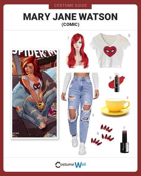 Mary Jane Watson (Comic) Costume Mary Jane Watson Comic, Spider Man Heart, Dark Red Nail Polish, Man Heart, Red Press On Nails, Comic Costume, Got Costumes, Costume Guide, Long Wavy Wig