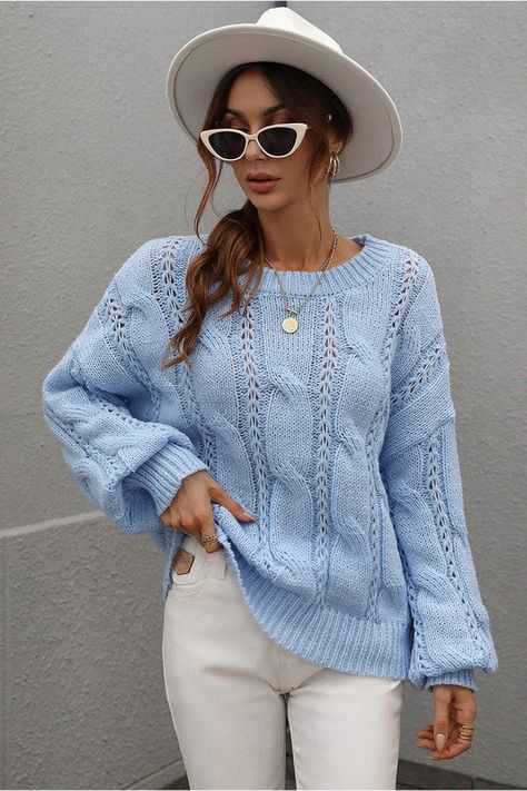 Blue Sweater Street Style, Light Blue Knit Sweater Outfits, What To Wear With Blue Jeans, Sky Blue Sweater Outfit, Baby Blue Outfits For Women, Blue Casual Outfits, Baby Blue Sweater Outfit, Women Blue Outfit, Light Blue Top Outfit