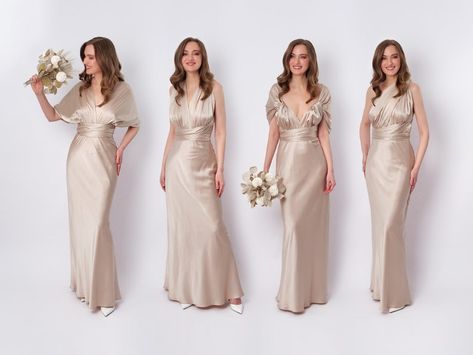 Infinity Dress Champagne Beige Silk Dress Bridesmaid Dress - Etsy Australia Silk Dress Bridesmaid, Bridesmaid Dress Silk, Beige Silk Dress, Multi Wrap Dress, Silk Bridesmaid Dresses, Multiway Dress, Multi Way Dress, Silk Dupioni, Dress Champagne