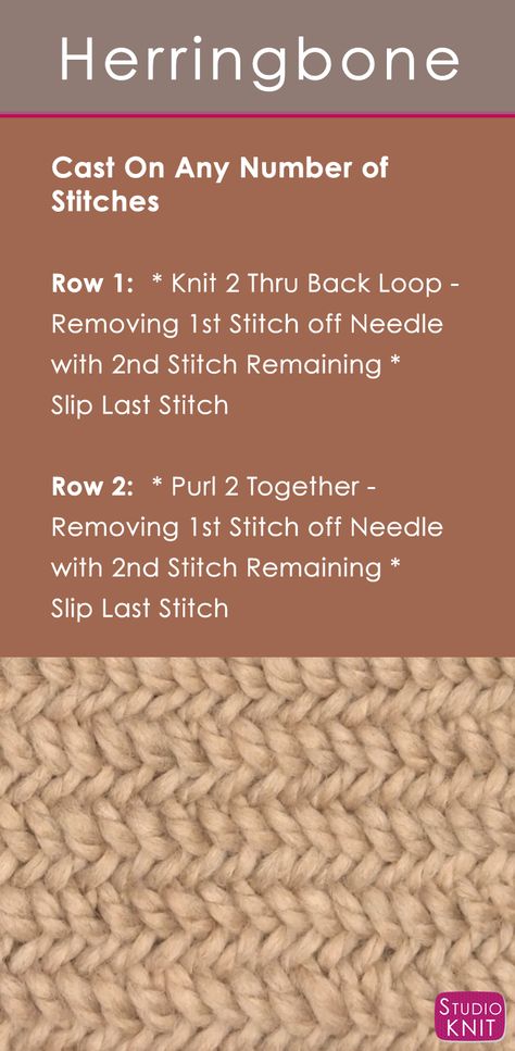 Herringbone Stitch Knitting, Studio Knit, Herringbone Stitch, Knitting Instructions, Crochet Design, How To Knit, Knit Stitch Patterns, Knitting Tutorial, Free Knitting Pattern